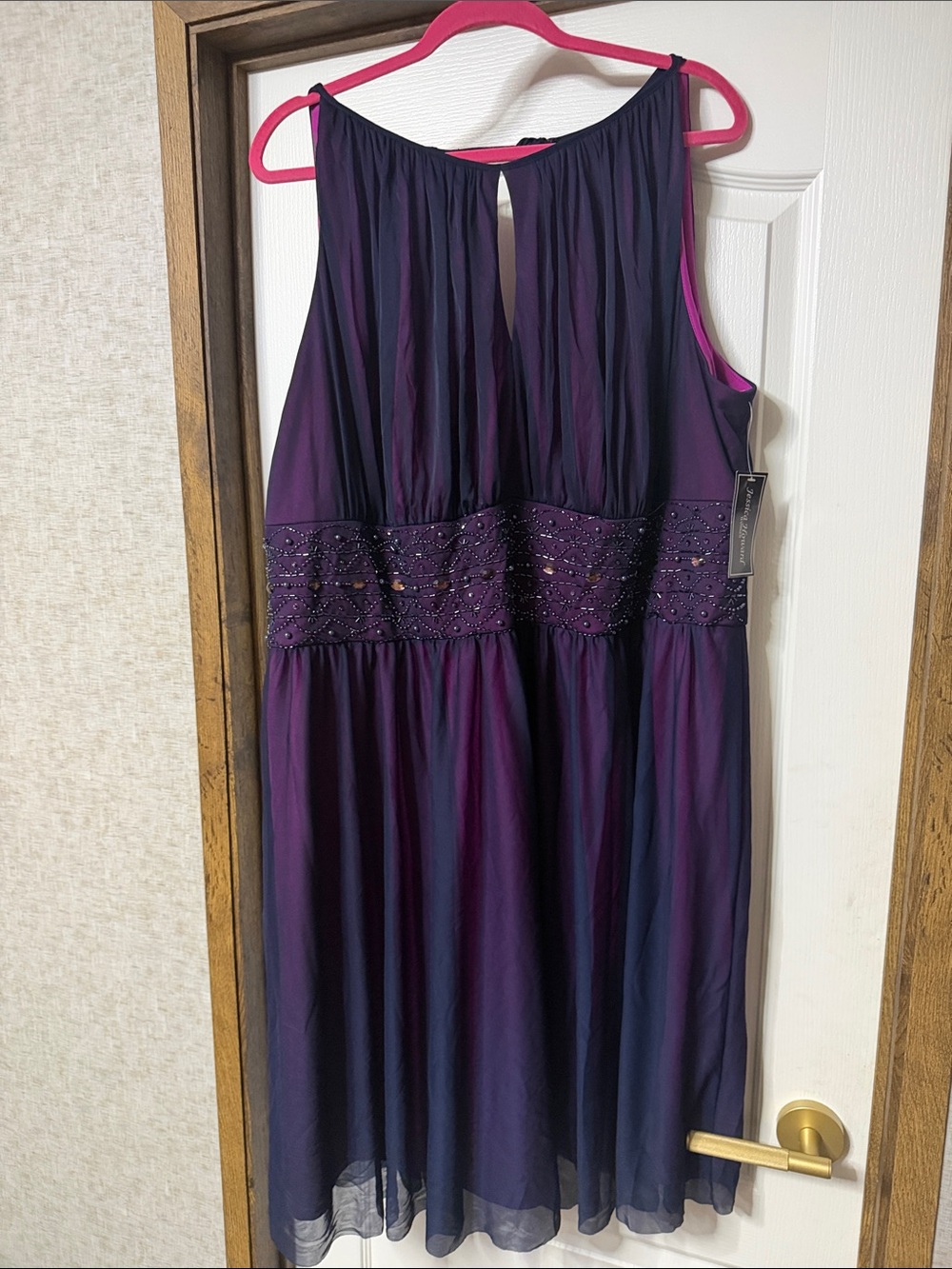 Dark Purple Sleeveless Beaded Waist Cocktail Dress - Picture 3 of 16